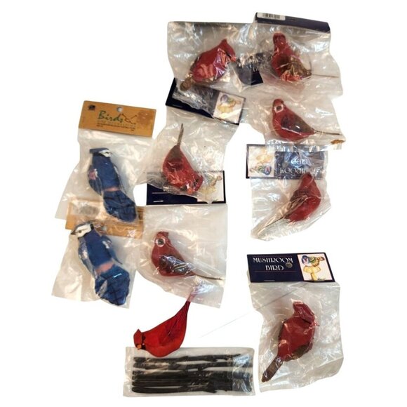Mushroom Birds Cardinal and Blue Jay Ornaments & Crafting Supply Lot Set Of 10 B - Picture 1 of 8